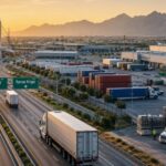 Corredor automotriz T-MEC entre Nuevo Laredo, Monterrey y Ramos Arizpe con transporte de carga y plantas industriales.